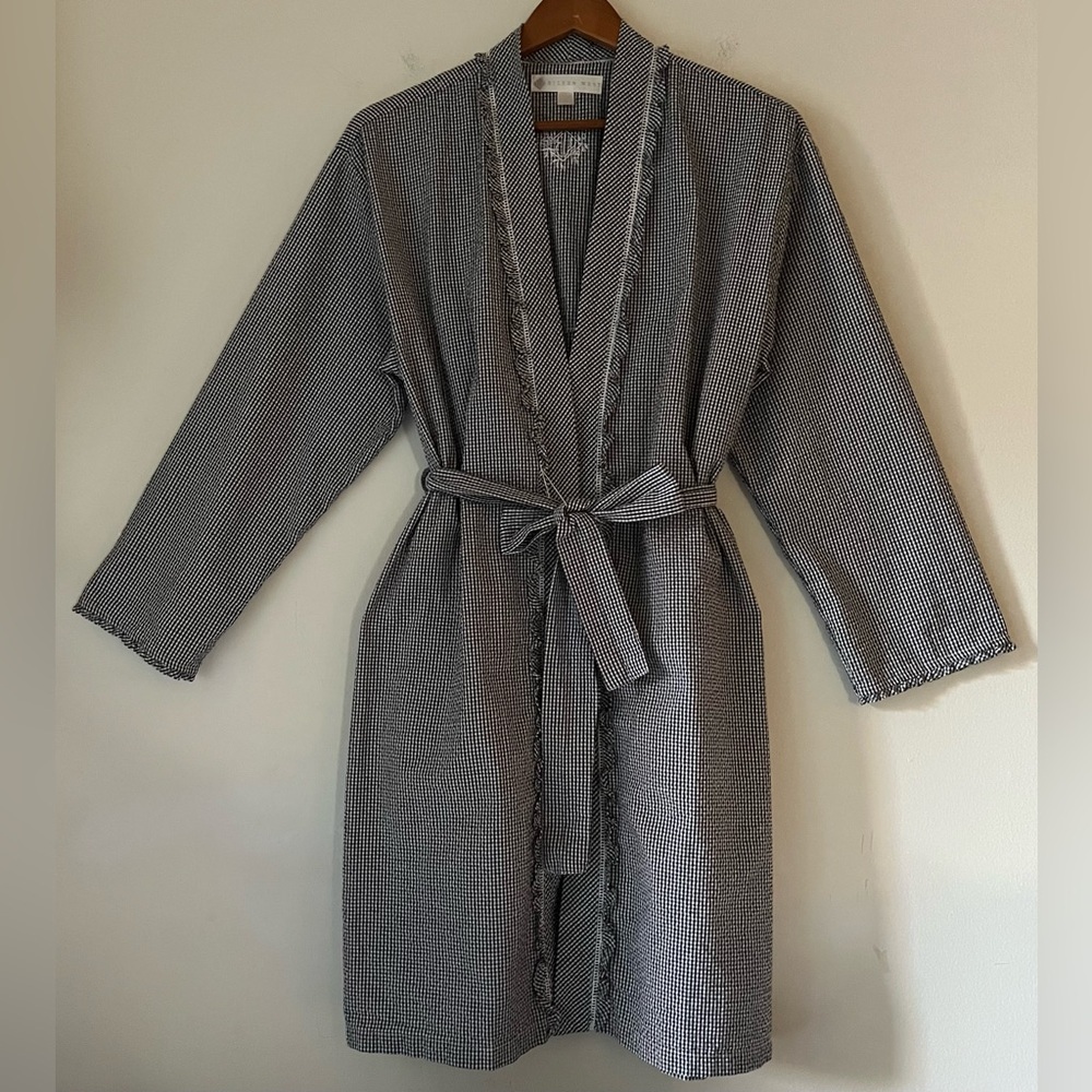 Eileen West Seersucker Gingham‎ Robe Cotton Blend Ruffle Trim Belted Pocket Sz S